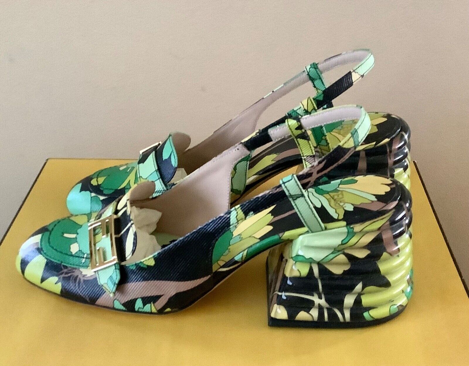 FENDI Promenade Floral Leather Block-Heel Slingback Pumps