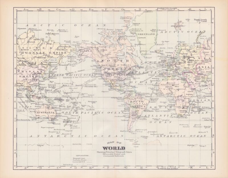 1899 Vintage "Map of the World" from an antique Encyclopedia old cartography 