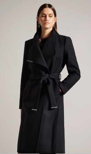 Pre-owned Ted Baker Wmo-sandra Midi Wool Wrap Coat In Black 2 Us