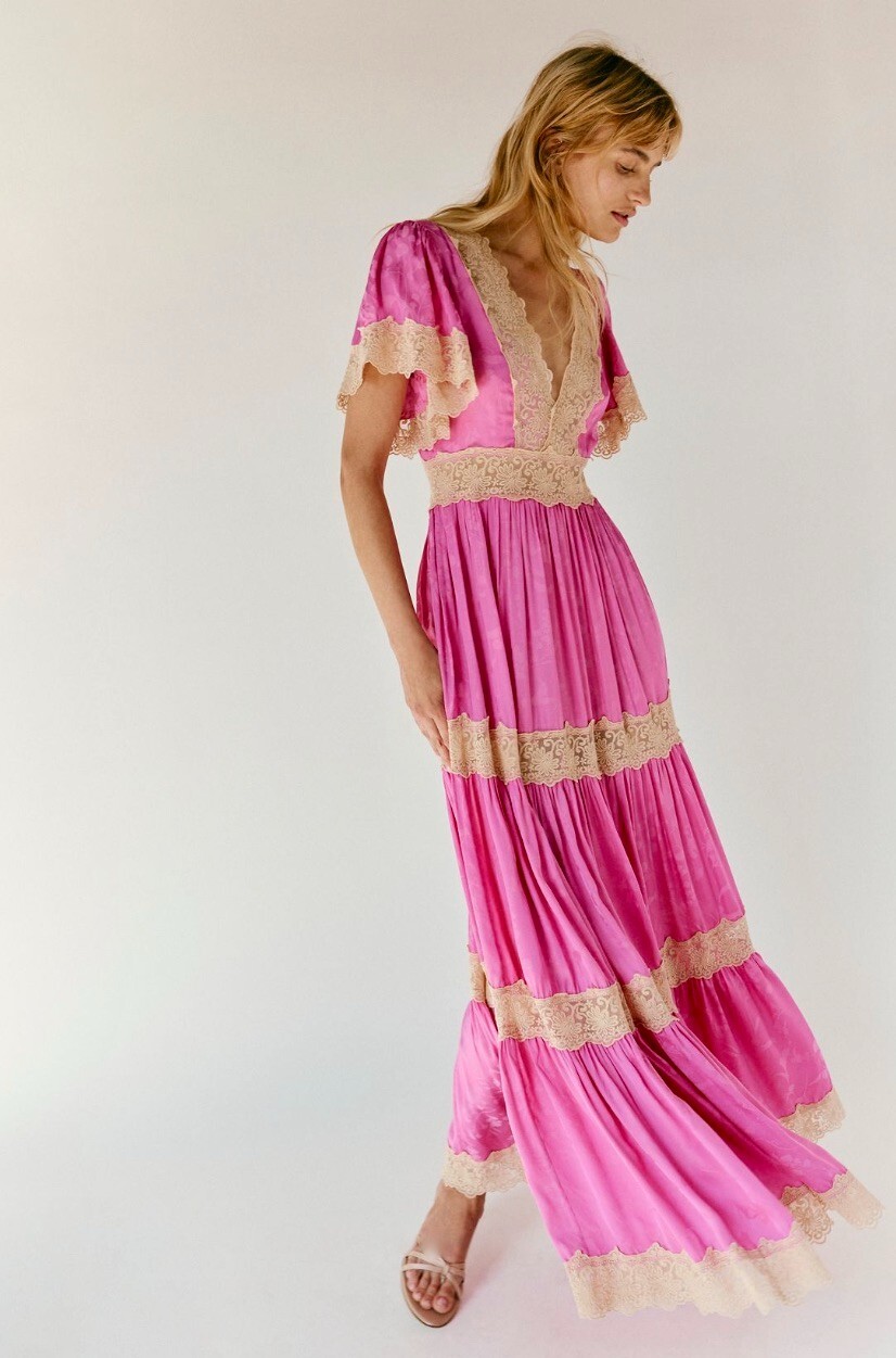 Free People Spell Ocean Gown Maxi Silky Hibiscus Pink Ivory Lace