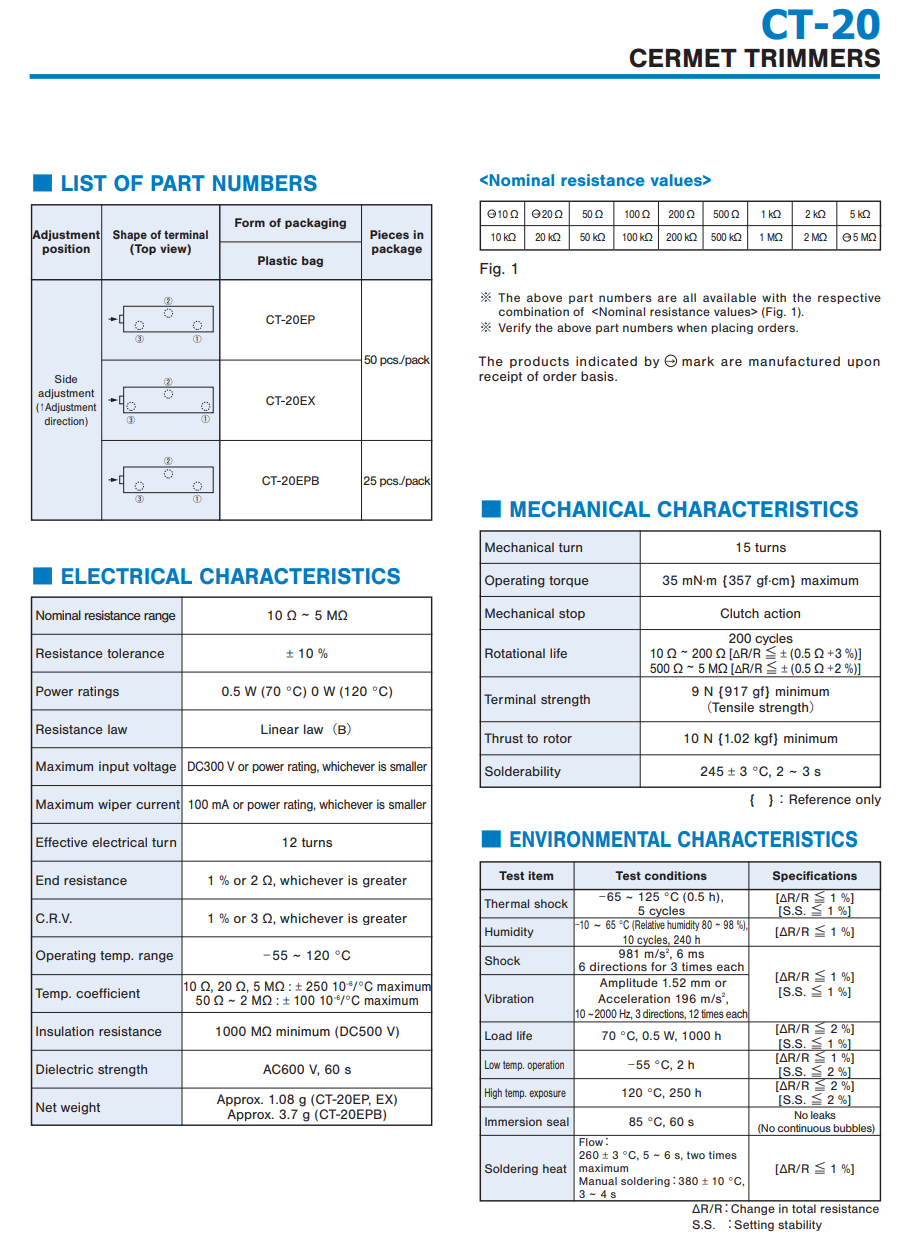 5Pcs CT-20EP203 Nidec Copal 20KOhm Cermet Trimmer Side Adjust CT20 Trimpot