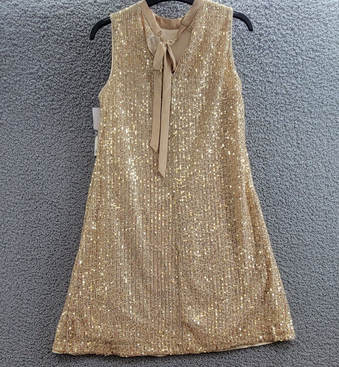 kensie Sequined-Mesh Sleeveless Shift Dress Women's 2 Gold Back Neck Tie Closure - Picture 8 of 15