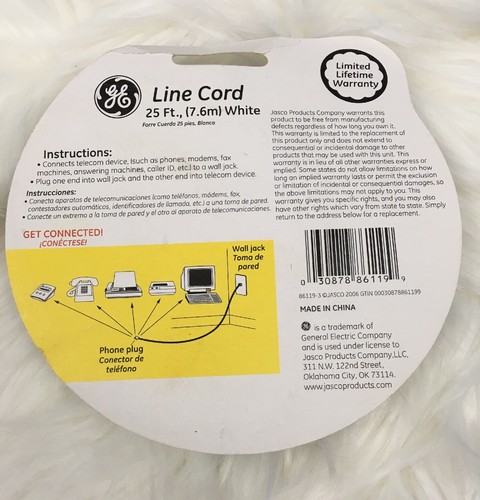 New GE 25 Ft Phone Line Cord - White -  86119 - Landlines Modems Fax Caller ID