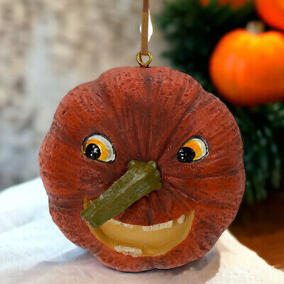 Anthropomorphic Ornament  Pumpkin Jack O Lantern Face Stem Nose Smiling Resin 3''