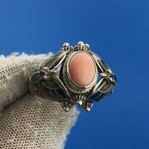 BJ China Sterling Silver 925 Pink Coral Cloisonne Statement