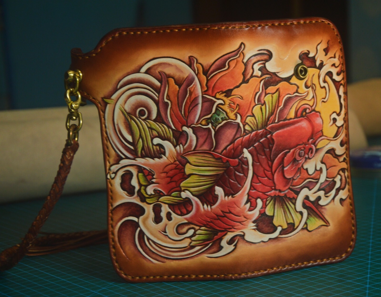 Pre-owned Handmade Custom Leather Biker Wallet Chain Carp Carved Wallet Personalized Gift X36 In Brown