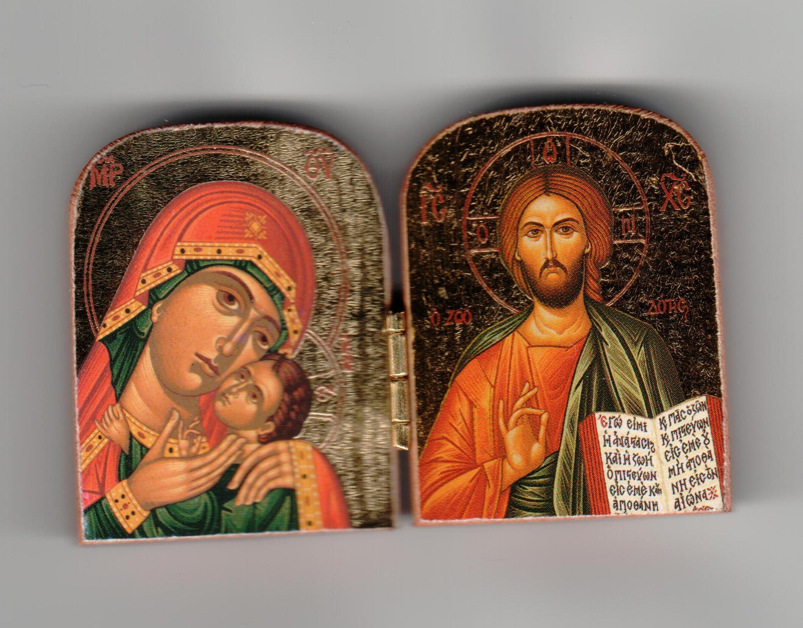 Orthodox Icon Diptych, (2"x3") mini sized, Wooden w/ Gold Leaf -Made in Greece
