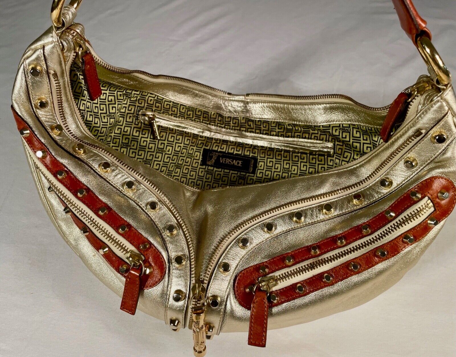 VERSACE gold and brown leather studded half-moon bag | eBay VERSACE gold and brown leather studded half-moon bag | eBay
