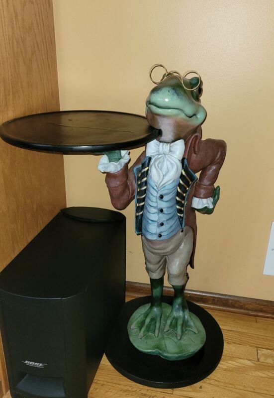 VINTAGE RARE BOMBAY CO. LIFE SIZE FROG BUTLER STATUE WITH TRAY 33 BY 22 BY 22"