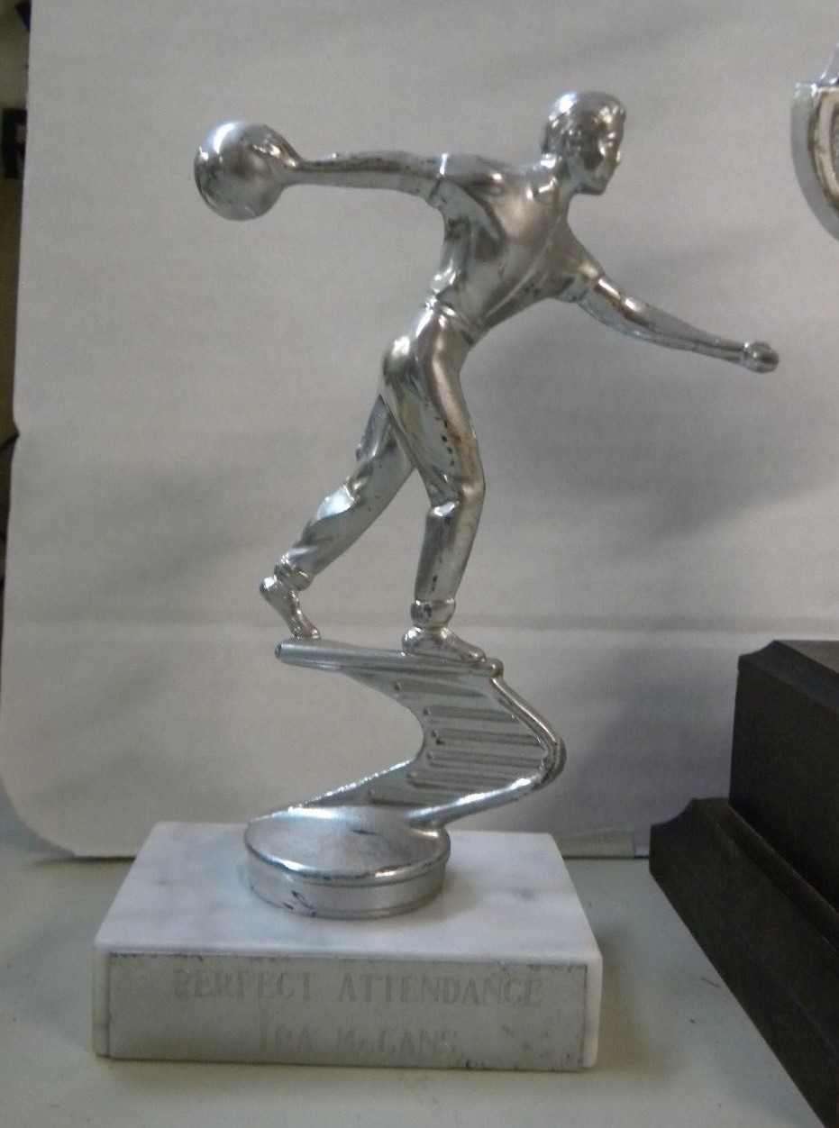 3 Vintage 1970s Wood Marble and Metal Topper BOWLING Trophies ~ Mens
