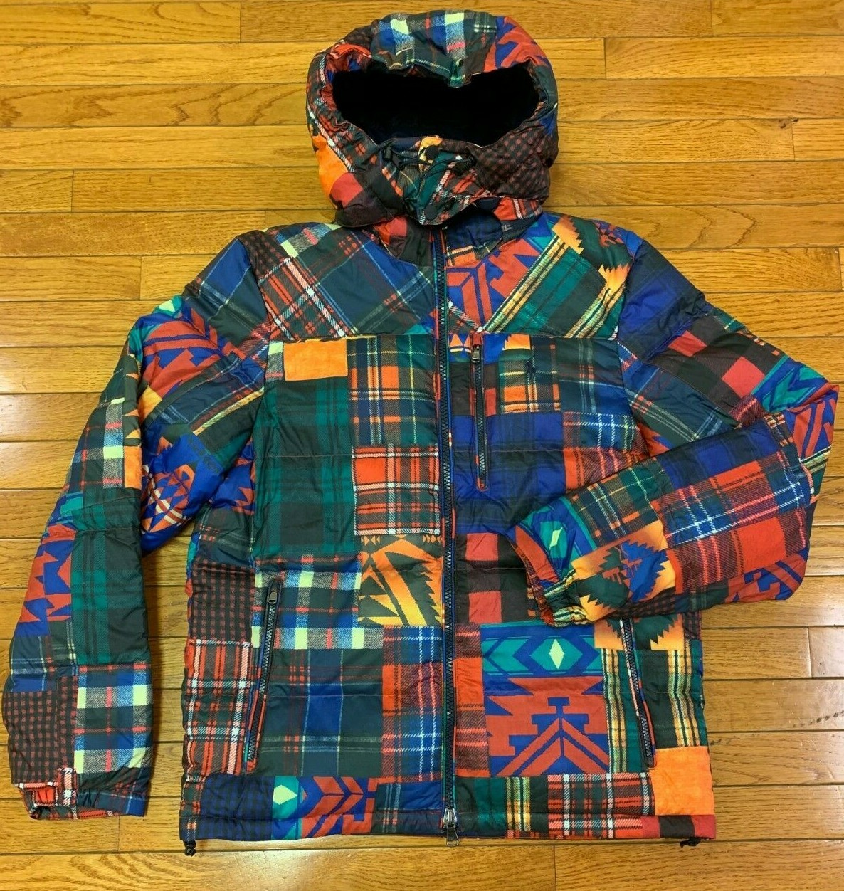 Pre-owned Polo Ralph Lauren Men's Aztec Patchwork Hooded Puffer Jacket In Multicolor