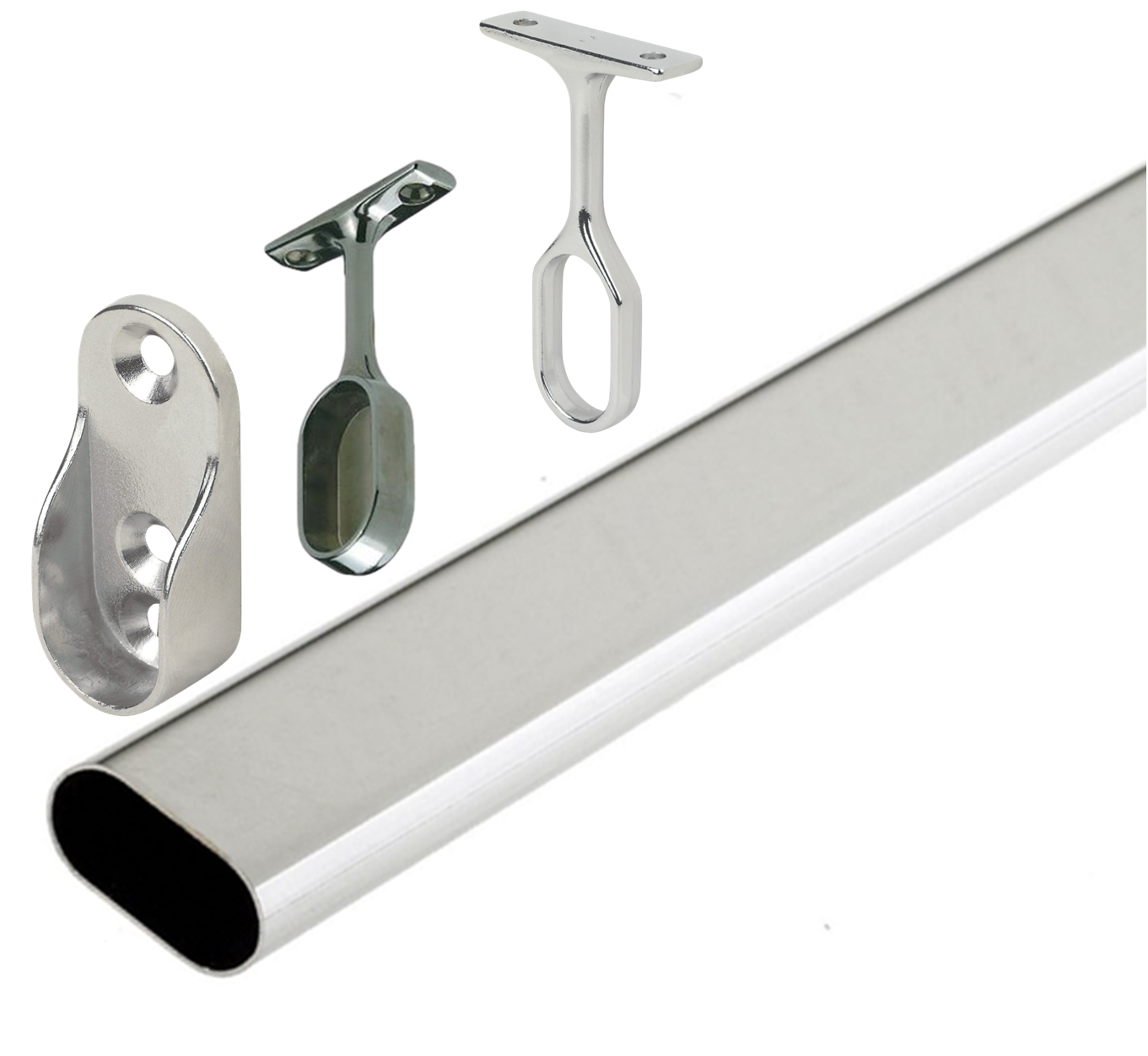 Oval Wardrobe Chrome Hanging Clothes Rail Tube End Centre Supports