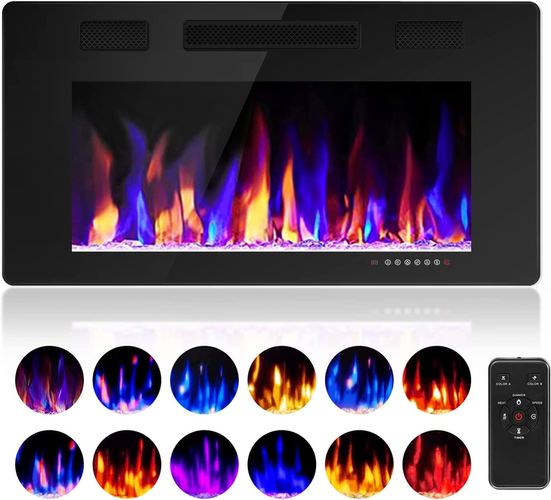 , 36”wall Mounted And Recessed Electric Fireplace With Timer A