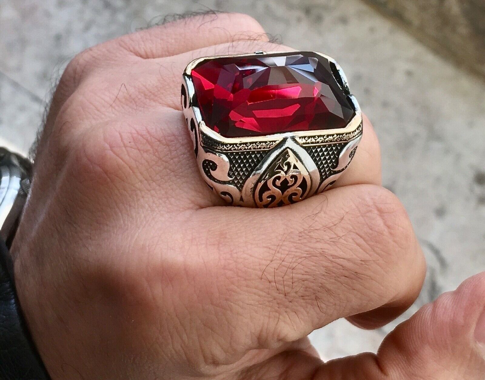 Pre-owned Turkish 925 Sterling Silver Mens Ring 925 Ruby Red Zirconia Big Statement Jewelry