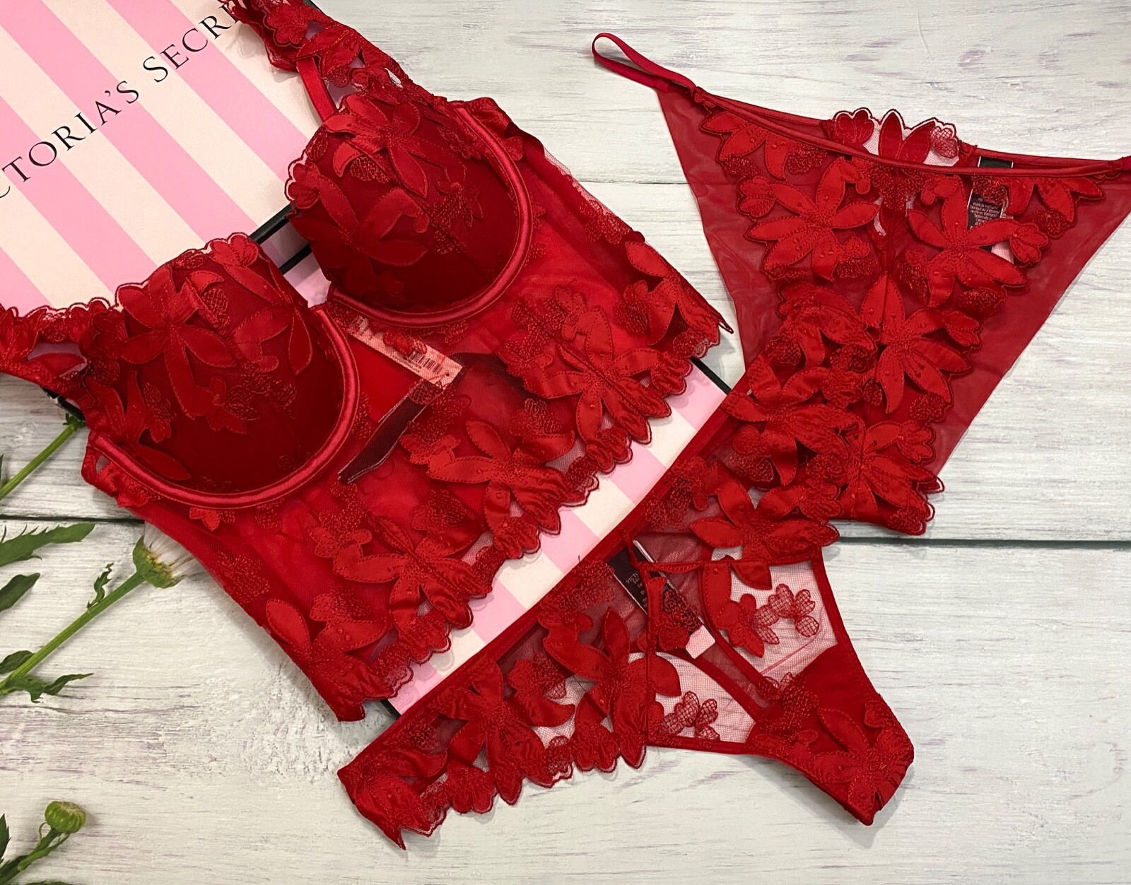 

Victorias Secret LUXE Lingerie Цветочный бюстье Длинный бюстгальтер и стринги с красной помадой, Розовый