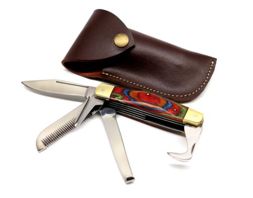 Horse Man Hoof 5-blade Folding Stainless Steel Blades Knife With Leather Pouch