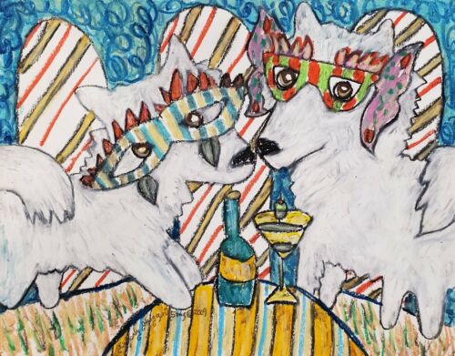 American Eskimo Dog 5 x 7 Art Print Eskies at Mardi Gras Masquerade Artist KSams