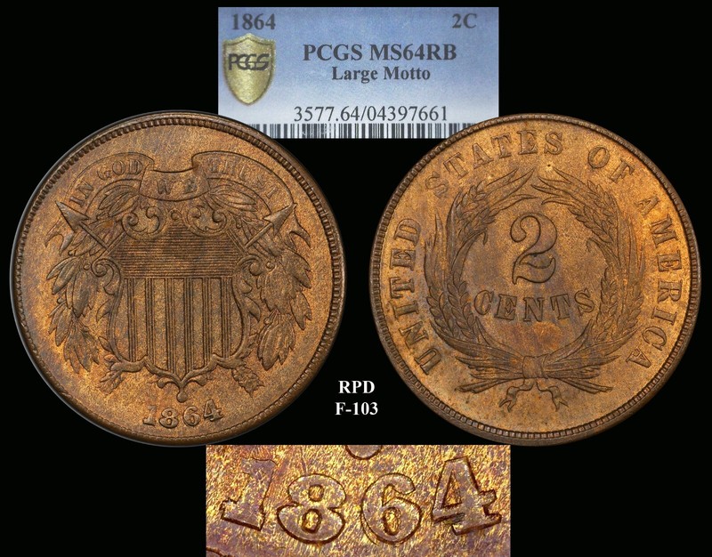 1864 two cent piece RPD F-003 Variety graded PCGS MS64RB...Pretty