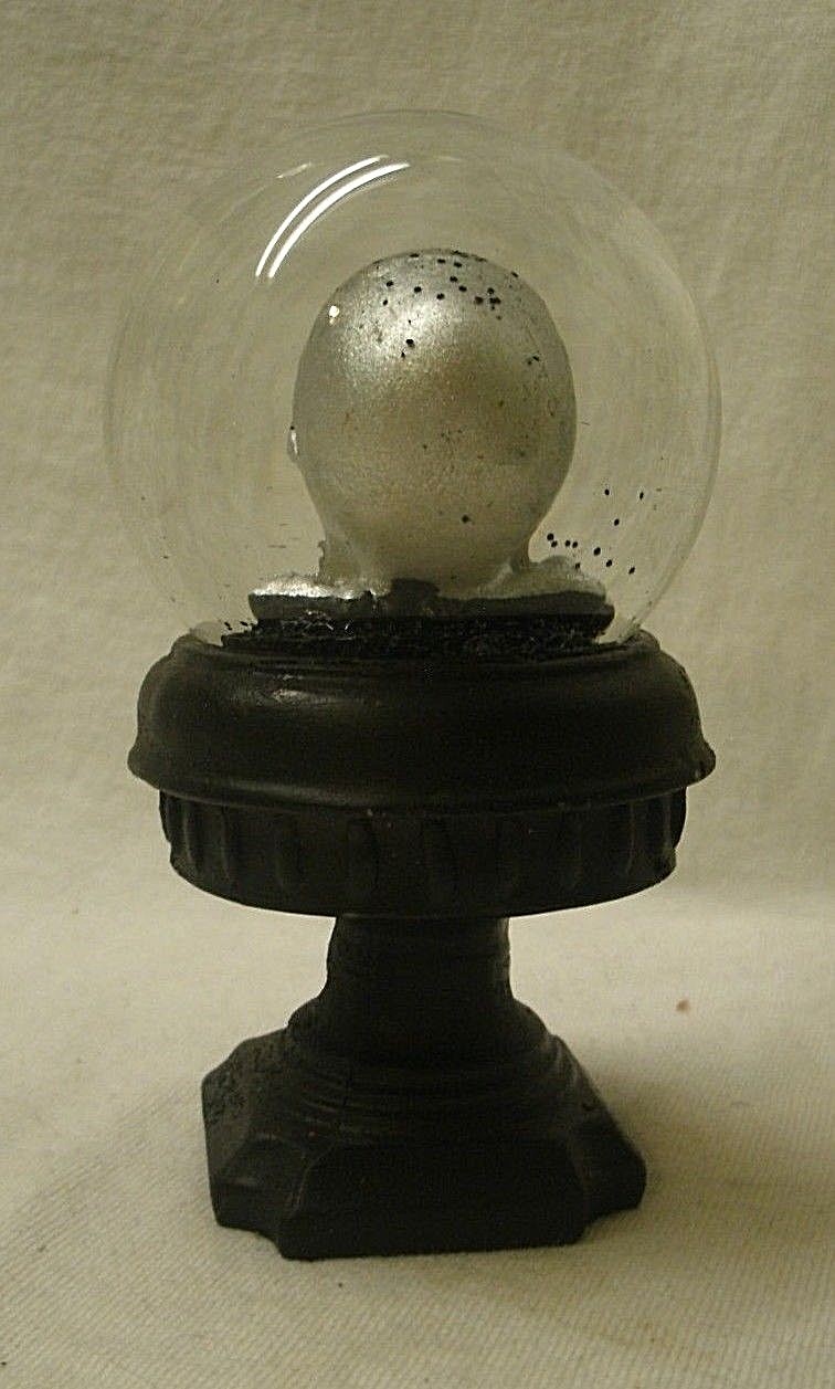 Skull Snow Globe on Pedestal Base silver & black glass & resin bat accent skulls