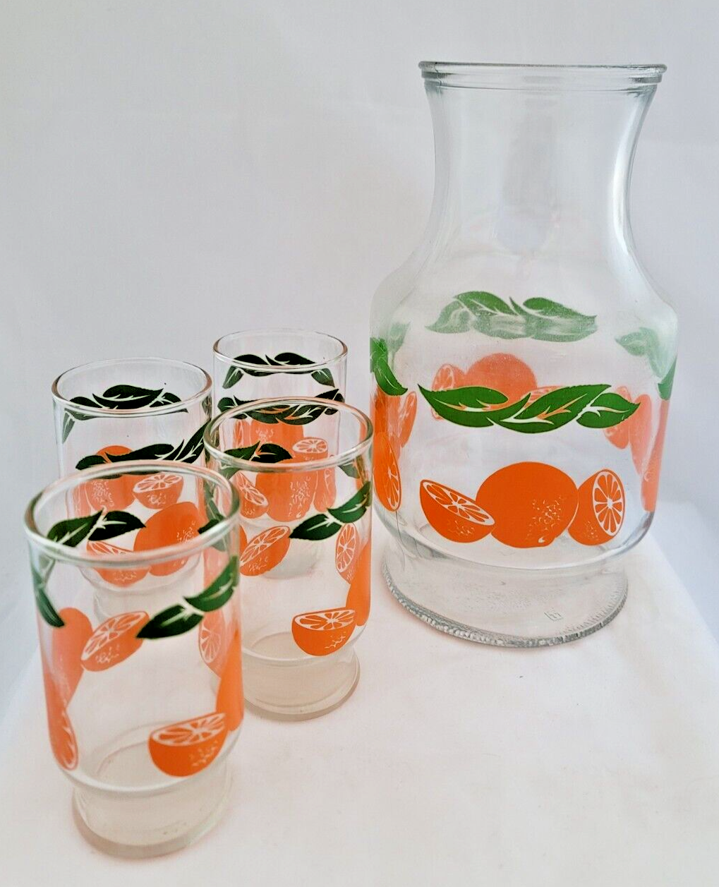 【ヴィンテージ】Anchor hocking オレンジ柄　瓶　USA Vintage Anchor Hocking Orange Juice Carafe and 4 small (6 oz