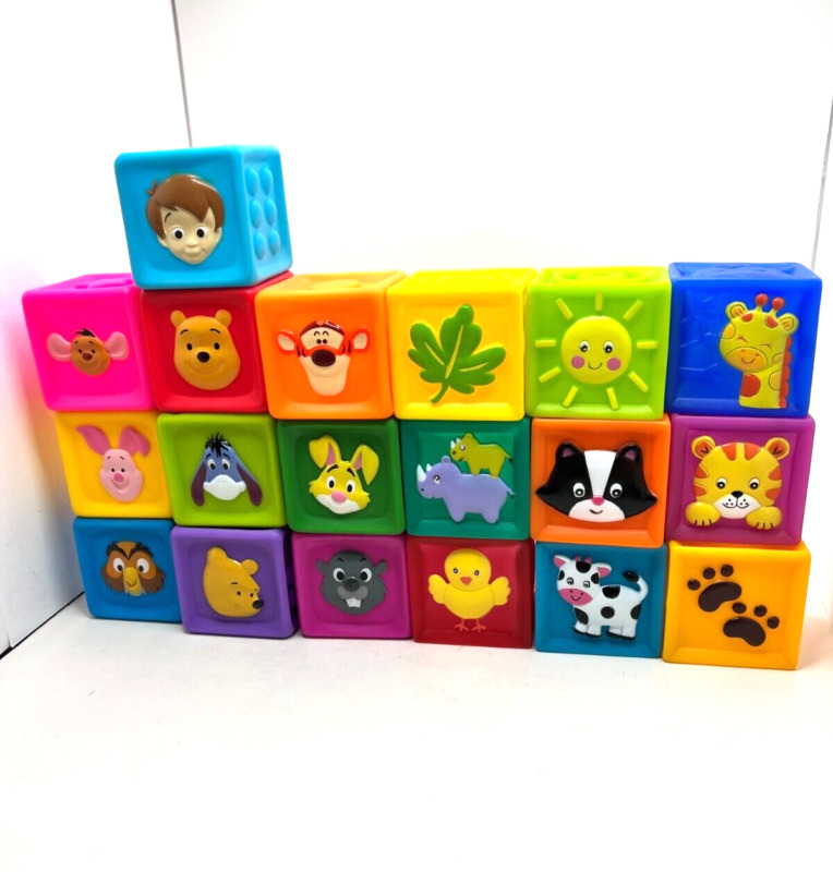 Lot of 10 Disney Winnie the Pooh Soft Baby Blocks + 9 Squeak N Stack Baby Toys