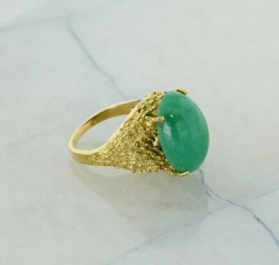 アクセサリー END OLD ENGLAVED ROD RING 18K Yellow Gold Brutalist Green Jade Ring Size 6 Circa 1970