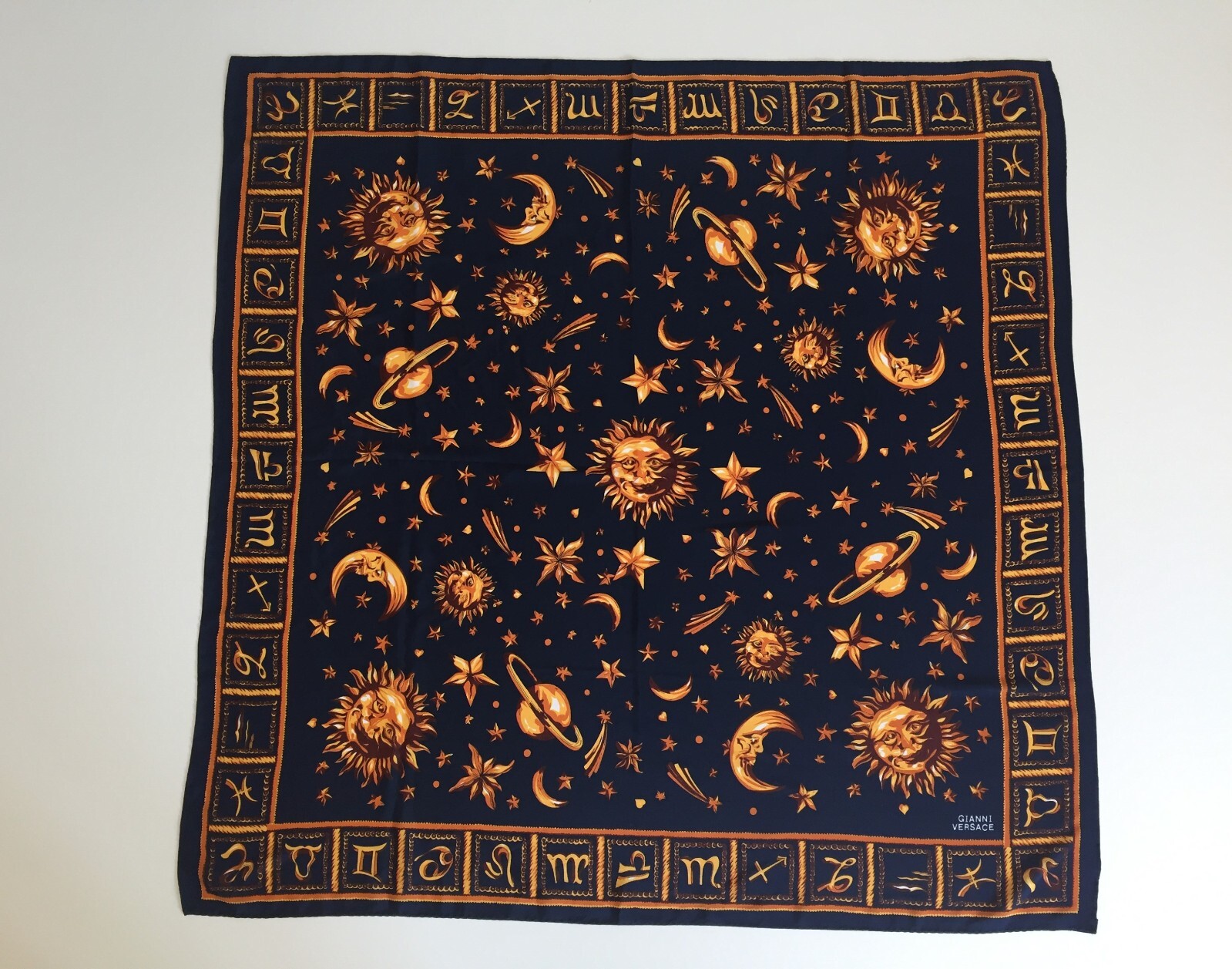Gianni Versace Zodiac Silk Sun Moon and Stars Navy Blue Scarf | eBay