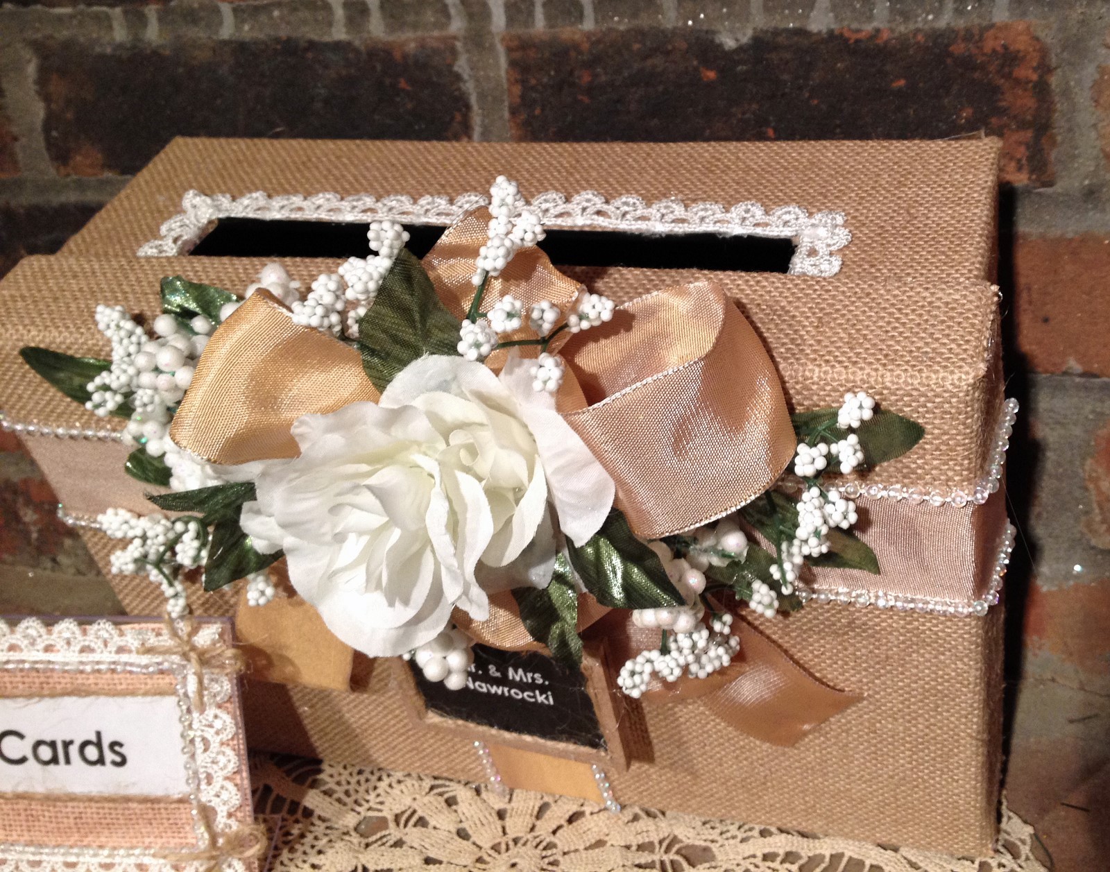 rustic wedding card box,beige,burlap,personalize,flower color can vary,white