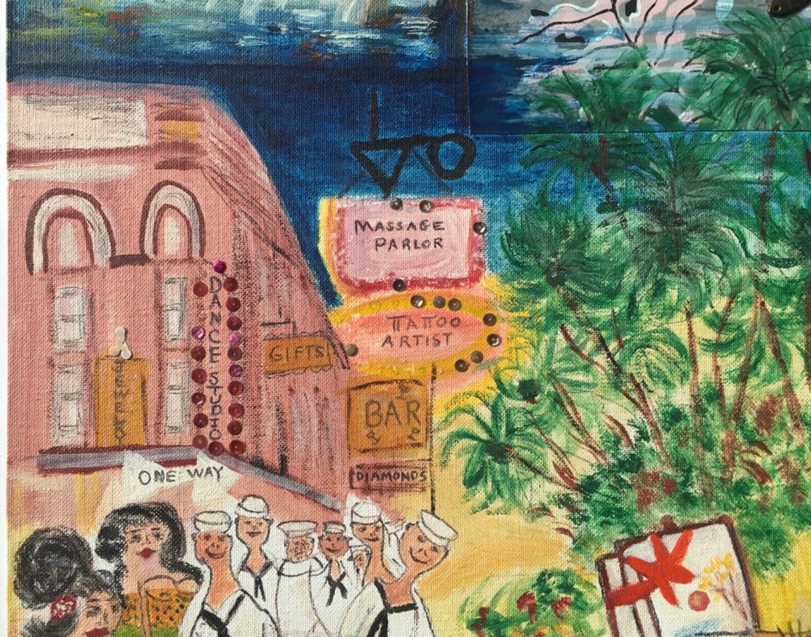 Modernist Original Expressionism Oil Painting Coastal Seascape Navy Sailors Port