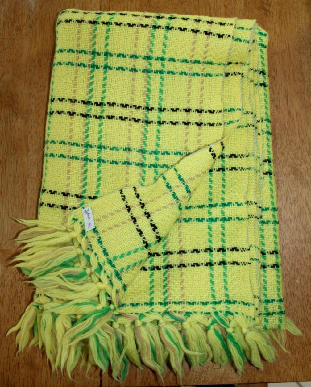 Vintage Kyloom All Virgin Wool Yellow Plaid Fringed Blanket Throw