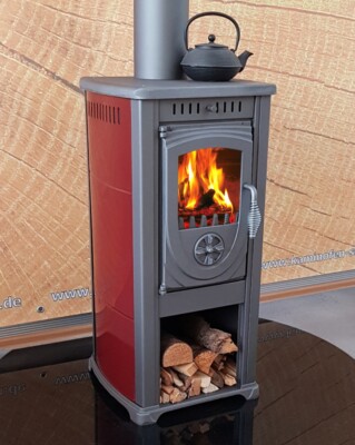 EEK A+ Kaminofen Okta rot mit Herdplatte - 3,9kW kompakt&schön!