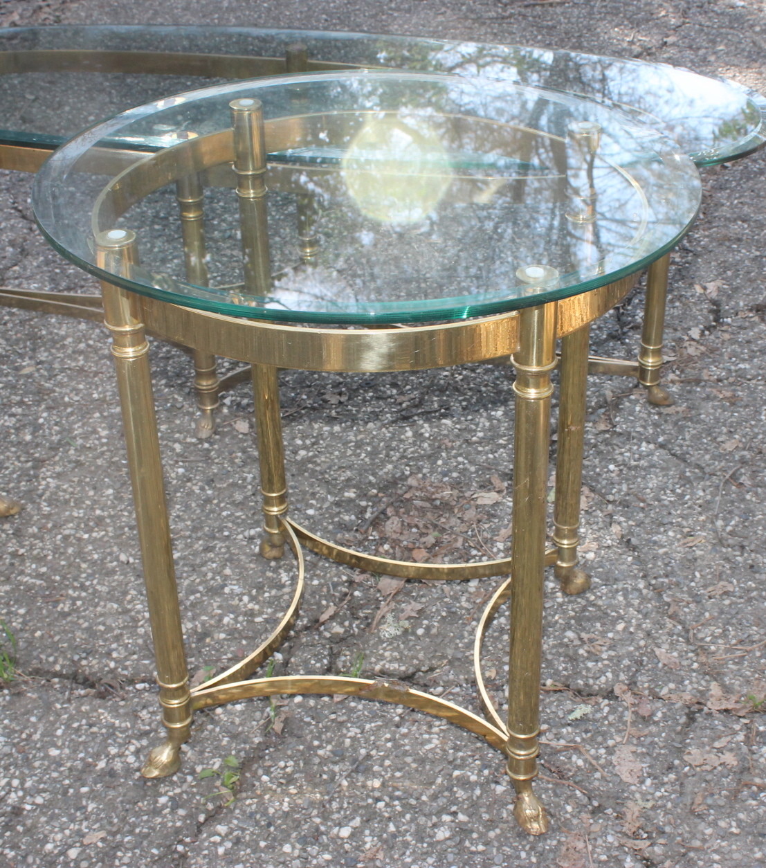 VTG Mid Century Brass Hoof Foot Hollywood Regency Glass Coffee Table End Tables