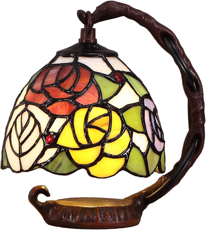 L10036 Rose Tiffany Style Stained Glass Table Lamp with 6-Inch Wide Lampshade Hanging on the Cast Iron Base (Pink)