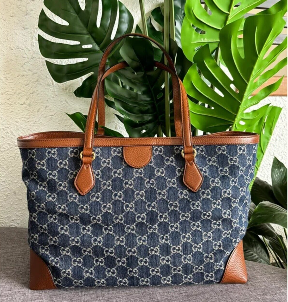GUCCI Ophidia GG Jacquard Denim Tote Bag Italy Brown Leather Handbag Large New eBay
