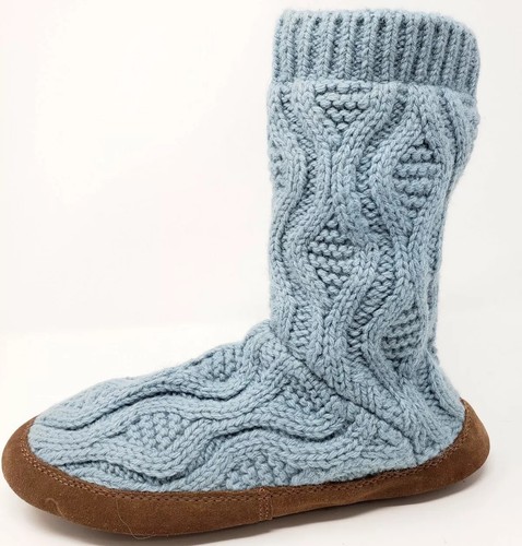 LL Bean Womens sz 9 10 Blue Wool Blend Suede Leather Cable Knit Slipper Socks