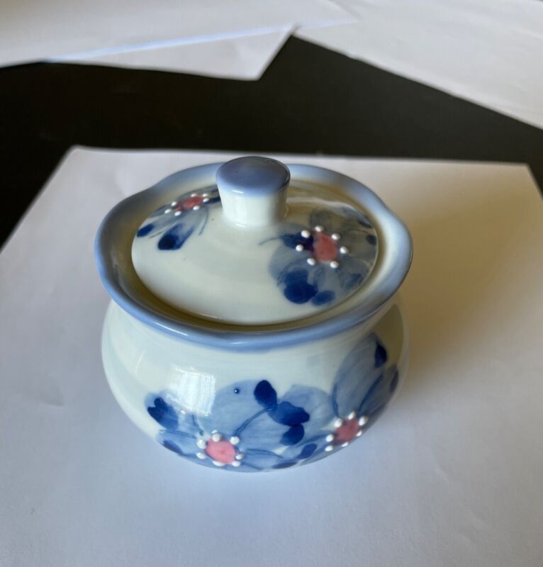 Vintage Ben Rickert Jar Trinket Box Dish Made In Japan Blue Pink White Moriage