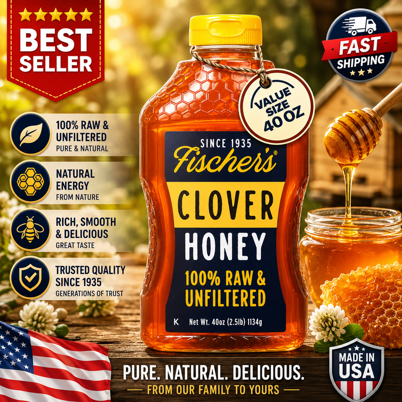 Fischer's Pure Clover Honey 40oz Raw Unfiltered Natural Honey Squeeze Bottle