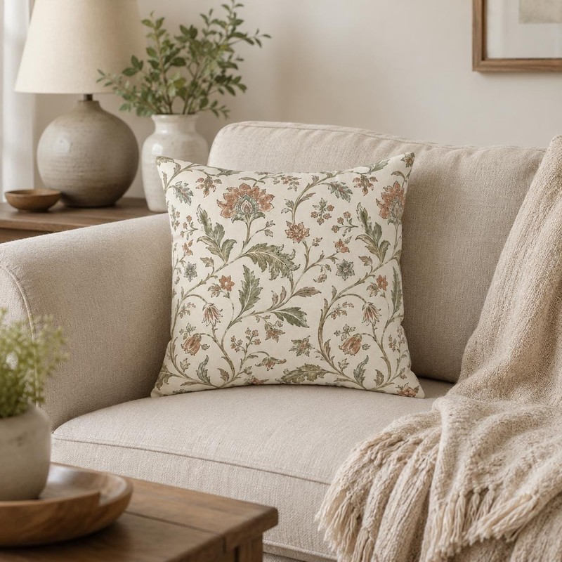 Floral Vine Throw Pillow Faux Suede Square Botanical Cushion Farmhouse