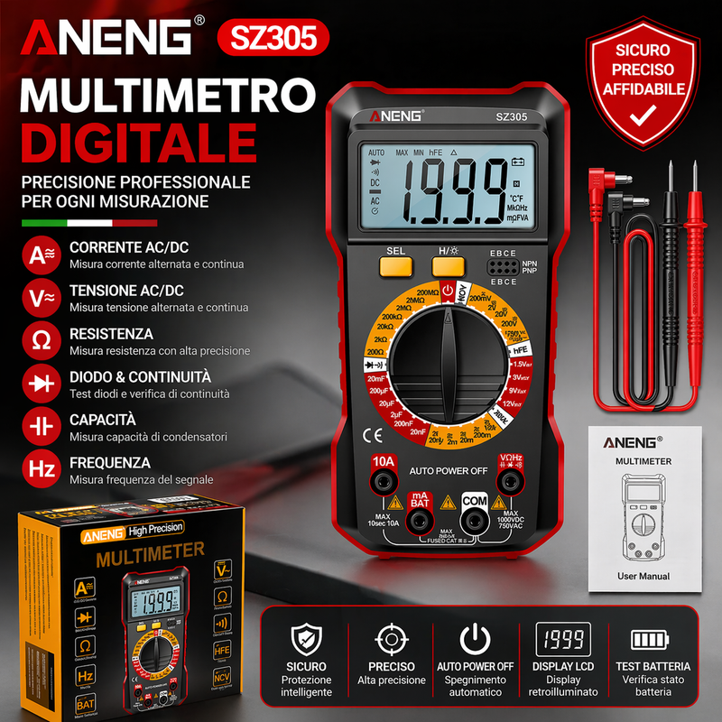 Multimetro Digitale Professionale Tester Tensione AC DC Amperometro