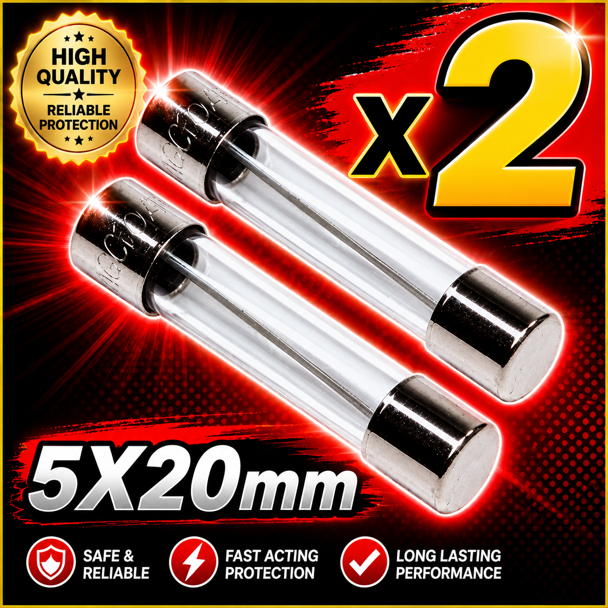 2x High Quality Glass D-Type Fuse 5x20mm up to 250V (including 120/240V) - 1.25A