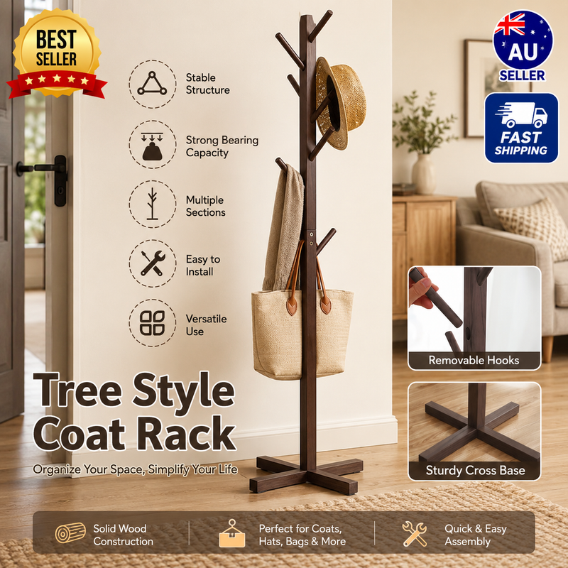 Tree Style Solid Wood Coat Rack Stand Hat Clothes Bag Jacket Hanger Entryway Au