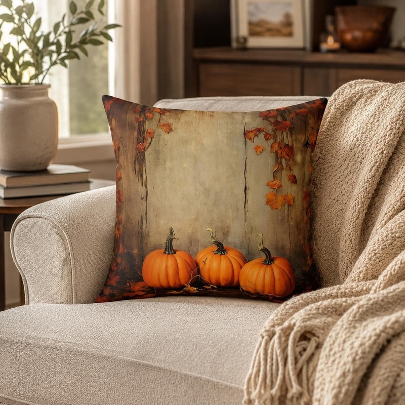 Autumn Pumpkin Throw Pillow Square Faux Suede Decorative Cushion