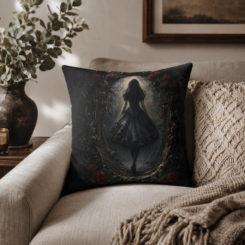 Gothic Alice Silhouette Pillow Faux Suede Square Cushion Dark Roses