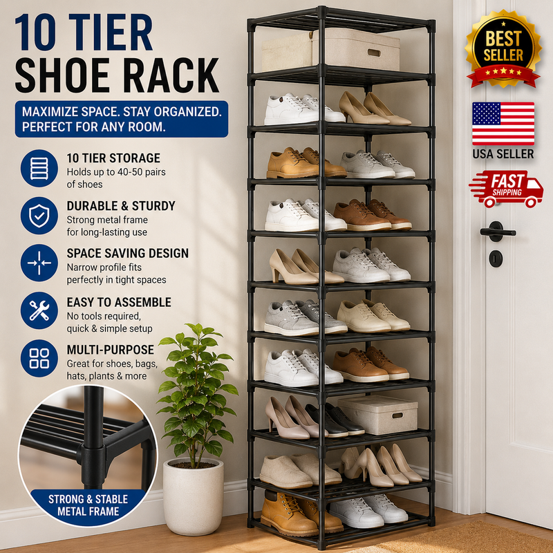 10 Tier Tall Shoe Rack Narrow Space Saving Closet Entryway Organizer Storage