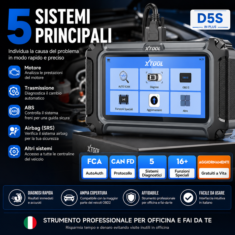 Scanner Diagnostico XTOOL D5S: Scanner Auto OBD2 ABS SRS per Motore,Trasmissione