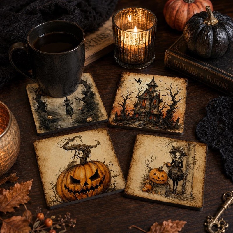 Halloween Coaster Set Gothic Vintage Witch Haunted House Pumpkin Decor