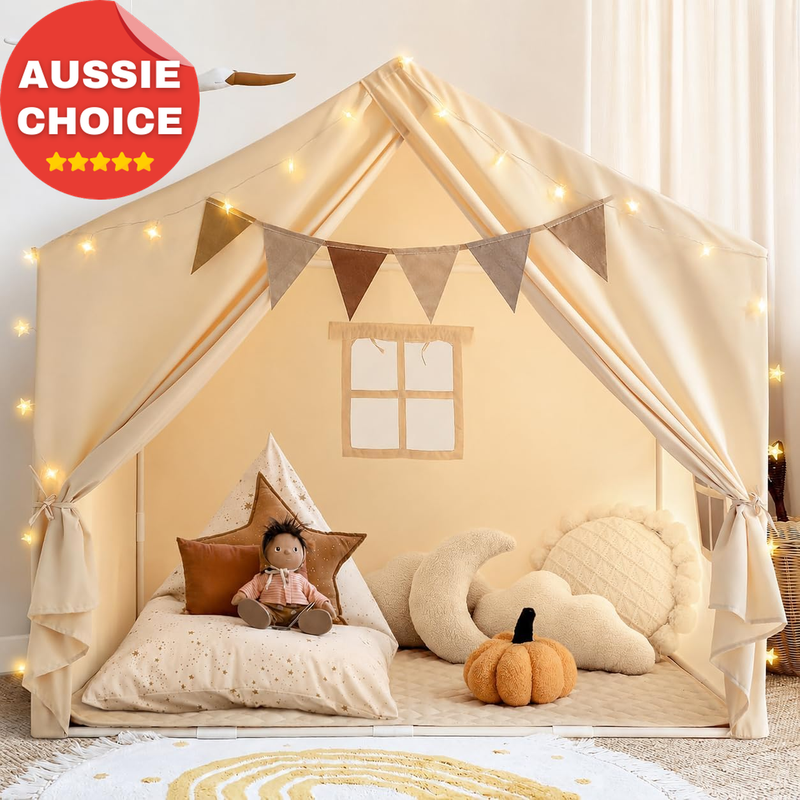 Kids 2 in 1 Play Tent with Padded Mat and Lights Indoor Outdoor Cream 52"x35"