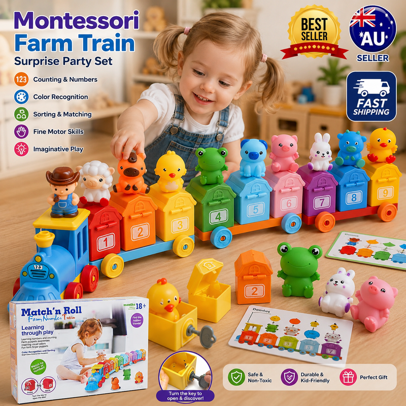 Montessori Farm Train Surprise Party Set Toddler Counting Matching Sorting Toy