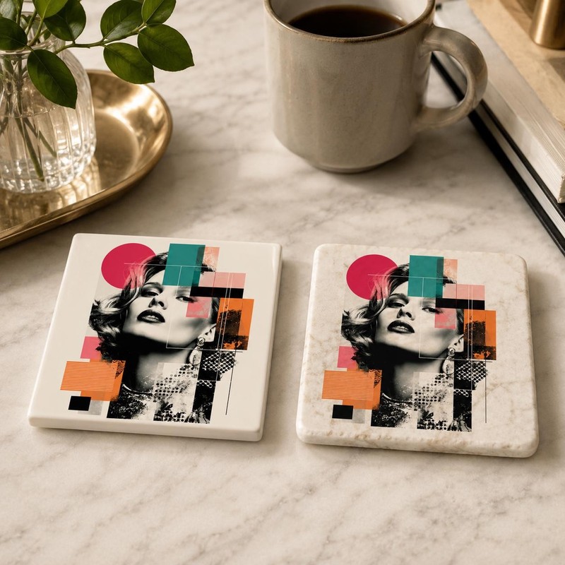 Abstract Collage Coasters Modern Ceramic Marble 4x4 Inch Set Mix Match
