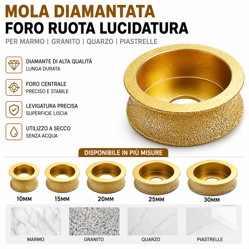 Mola Diamantata 20mm Foro Ruota Lucidatura Secco Marmo Granito Quarzo Piastrelle